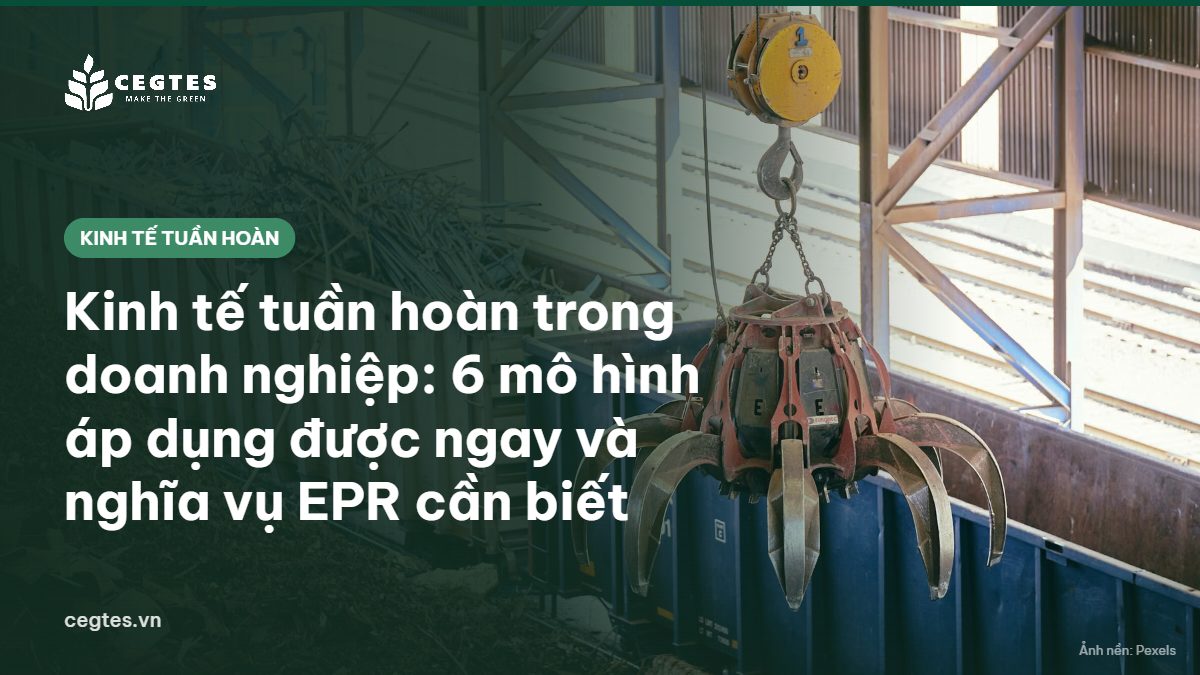 Cần cẩu phân loại phế liệu kim loại tại cơ sở tái chế, minh họa kinh tế tuần hoàn trong doanh nghiệp